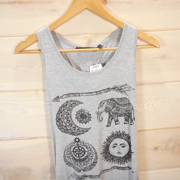 Raggs II Riches Juniors M Tank Top Gray Scarf Tie-Back Elephant Moon Sun Print - Picture 2 of 10